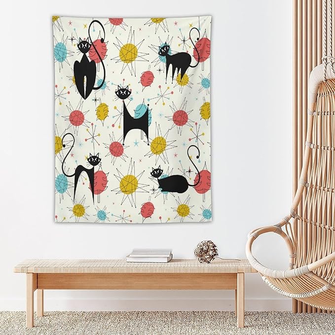 ICMOLYYENLO Abstract Cat Tapestry, Medieval Abstract Atomic Star Cat Vintage Home Wall Hanging Art Tapestry for Bedroom Living Room Dormitory 60x80 Inch-Ruum Studio Home