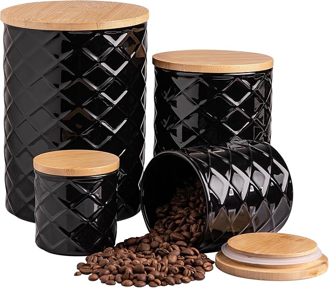 Sweejar Ceramic Canisters Sets for Kitchen Countertop, Relief Food Storage Jar with Bamboo Lid, Stackable Container for Flour, Coffee, Pasta, Cereal, Tea, Cookies, Sugar, Spices, Pack of 4 (Black)-Ruum Studio Home