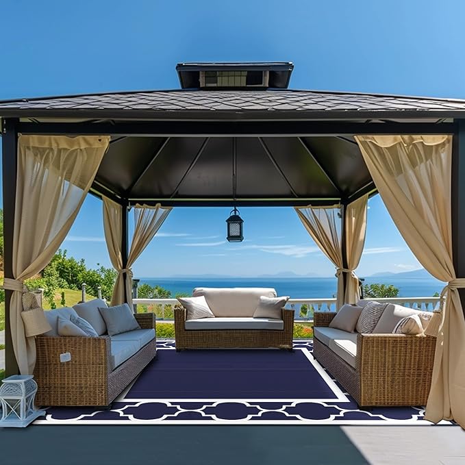 GENIMO 10 ' x 10 ' Outdoor Rug Waterproof for Patio Decor, Foldable Reversible Plastic Straw Area Rugs Mat for Camper, Outside Carpet for Rv, Deck, Porch, Picnic, Beach, Balcony, Blue & White-Ruum Studio Home