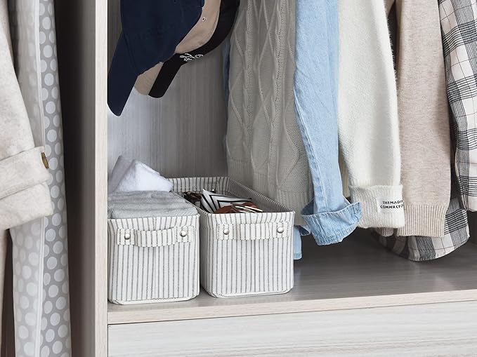 StorageWorks Narrow Storage Bins, Small Basket for Closet and Shelves, Fabric Organizer with Handles, Toilet Paper Storage, Gray and White Stripes, 2-Pack-Ruum Studio Home