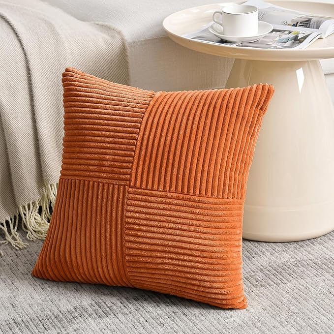 Fancy Homi 2 Packs Burnt Orange Decorative Throw Pillow Covers 18x18 Inch for Living Room Couch Bed Sofa, Farmhouse Boho Home Decor, Soft Corss Corduroy Patchwork Textured Accent Cushion Case 45x45 cm-Ruum Studio Home