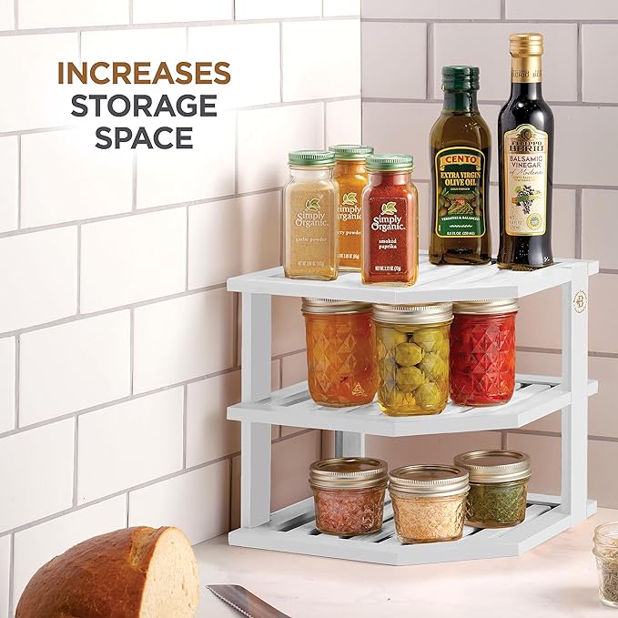 Cabinet Organizer Shelf - Bamboo Corner Rack for Kitchen Counter, Cabinet Space Saver for Plates, Dishes, Bowls, Bread Pantry, Bathroom Storage or Countertop Stand, White-Ruum Studio Home