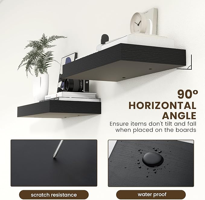 Deep Floating Shelves for Wall, 24W x 12D Black Floating Shelves Set of 2, 12'' Deep Large Wood Shelves for Living Room Bathroom Laundry Room Bedroom Kitchen Home Office - Black-Ruum Studio Home