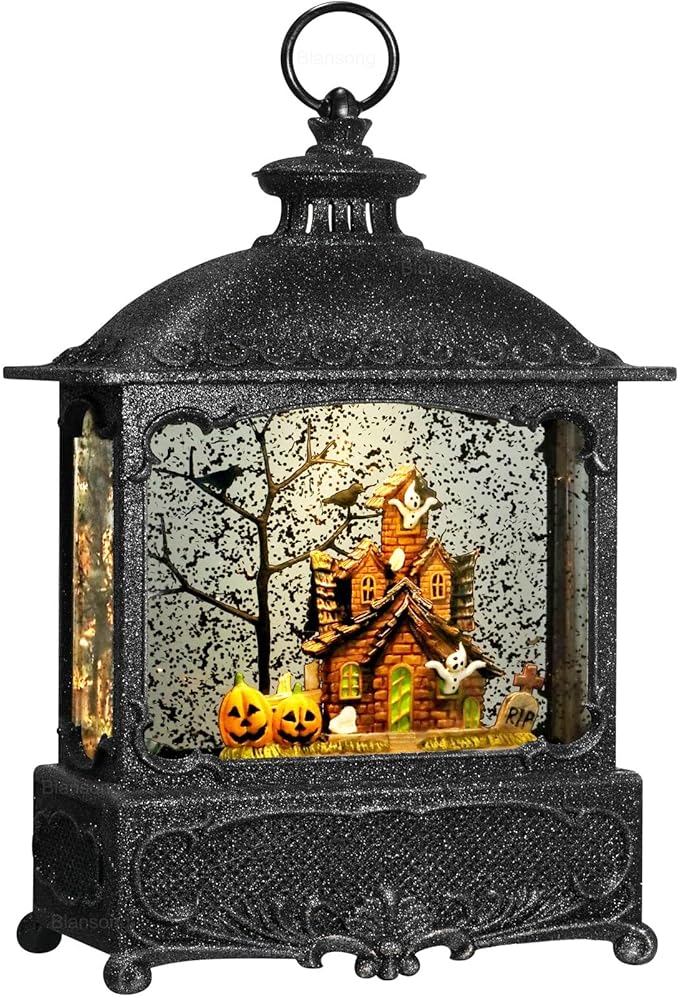 Halloween Snow Globe Lantern Ghost Snow Globe Halloween Decorations for Home Haunted House Pumpkin Ghost Tree Crow Rip Dancing Bats with Timer, USB and Battery Powered 12 inch-Ruum Studio Home