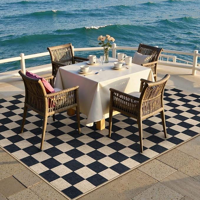 Lahome Checkered Easy Jute Outdoor Rug, 5x7 Farmhouse Rugs for Living Dining Room, Washable Non Slip Non Shedding Floor Carpet for Sunroom Mudroom Backyard Deck-Ruum Studio Home