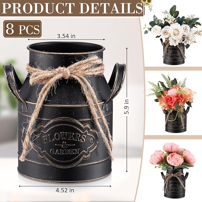 6 Inch Farmhouse Vase Decor Milk Can Vintage Flower Jug Galvanized Metal Vase with Handle Rustic Flower Buckets for Thanksgiving Christmas Table Centerpiece Weddings Gifts(Black,8 Pcs)-Ruum Studio Home