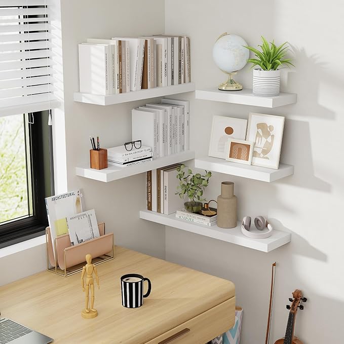 36 Inch Floating Shelves, 8 Inch Deep Floating Shelves for Wall, Hanging Shelf with Invisible Brackets, Deep Shelves for Bathroom, Bedroom, Living Room, White, Set of 2-Ruum Studio Home