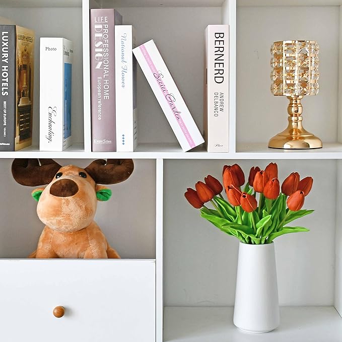 Mandy's Artificial Tulips 20 Stems Dark Orange PU Faux Flowers for Wedding Home Decor 13.5 Inch-Ruum Studio Home