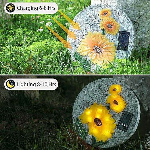 DREAM GARDEN Garden Décor Sunflower Outdoor Decorative Stones, Solar Garden Stone Resin Outdoor Garden Stone Patio, Walkway Stones Yard Art, 10.75 Inch-Ruum Studio Home