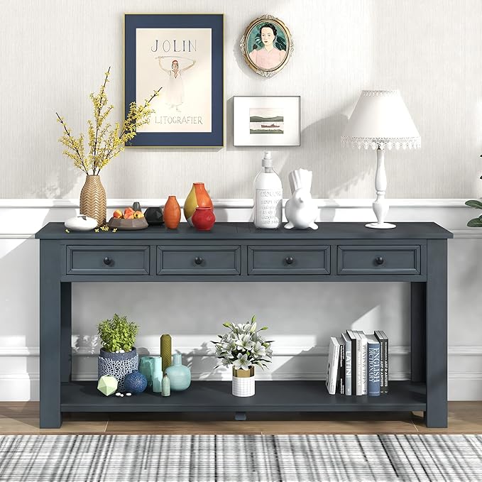 Solid Wood Console Table, Long Sofa Table Entryway Table with 4 Drawers and Bottom Shelf for Hallway Living Room Couch Table,Fully Assembled (63" Navy)-Ruum Studio Home