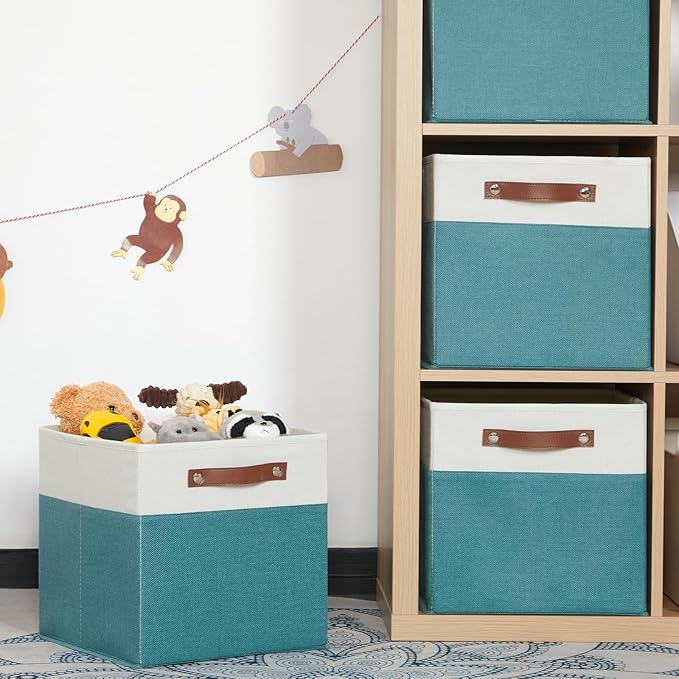 HNZIGE Storage Cubes Bins for Organization Set of 4, Fabric Storage Cube 12 x12, Collapsible Storage Bins Basket Cube with Handles, Canvas for Organizing Shelf Home Nursery(Teal White)-Ruum Studio Home