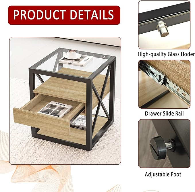 Farmhouse End Table, Modern Side Table with Drawer&3-Tier Storage Shelf, Square Rustic Nightstand, Accent Tea Table, for Bedroom Office Living Room, Brown, Natural Wood, Glass, Metal-Ruum Studio Home