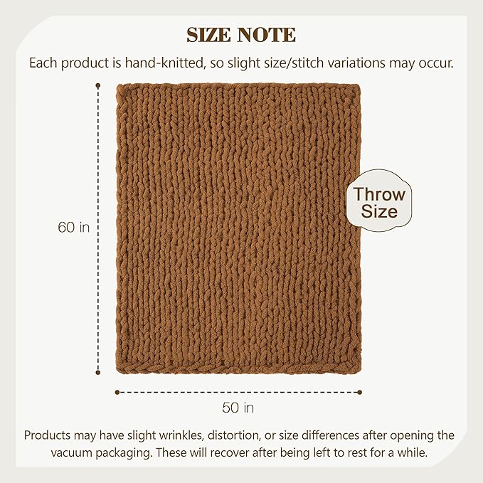 Carriediosa Chunky Knit Throw Blanket 50" X 60", 100% Hand Made Large Chenille Loop Yarn Soft Fluffy Throws for Couch Sofa Bed, Big Crochet Cozy Heavy Thick Cable Woven Blanket, Light Brown-Ruum Studio Home