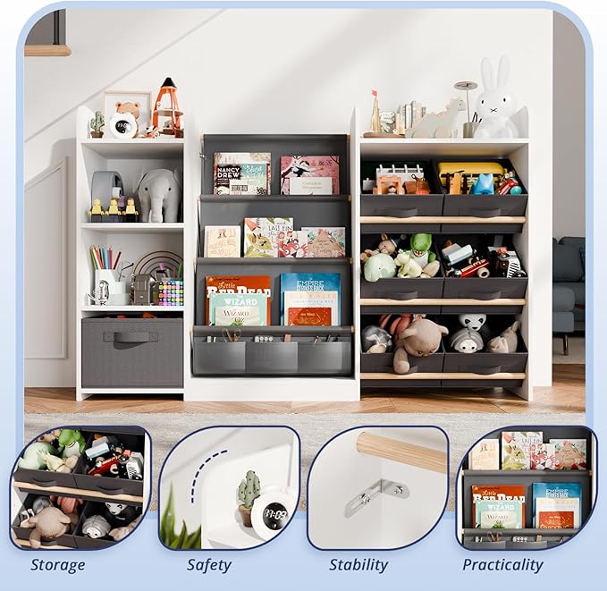 Kids Toy Book Storage Organizer - Large Bookshelf with 7 Removable Bins, Baby Bookshelf and Toy Storage, 4-Tier Book Shelf for Kids Room, Playroom, Classroom, 51 inch, White-Ruum Studio Home