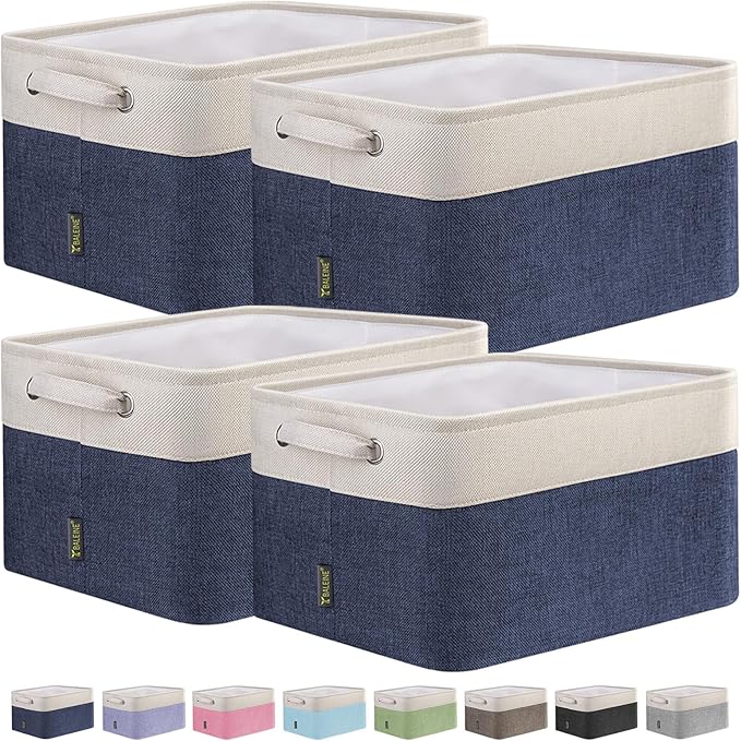 BALEINE 4 Pack Fabric Storage Bins for Shelves, Linen Storage Baskets for Organizing, Decorative Closet Bins for Clothes, Home (Navy Blue, 15"x11"x9.5")-Ruum Studio Home