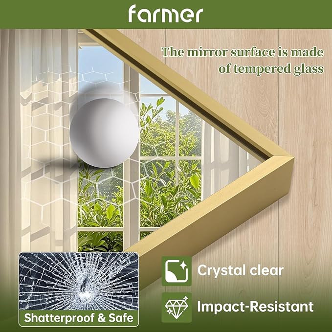 FARMER 22x30 Inch Gold Bathroom Mirror, Rectangle Wall Mounted Mirror, Vanity Mirror, Brushed Square Mirror, Framed Bathroom Mirror for Bedrooms, Entryways, Living Rooms, Horizontal/Vertical-Ruum Studio Home