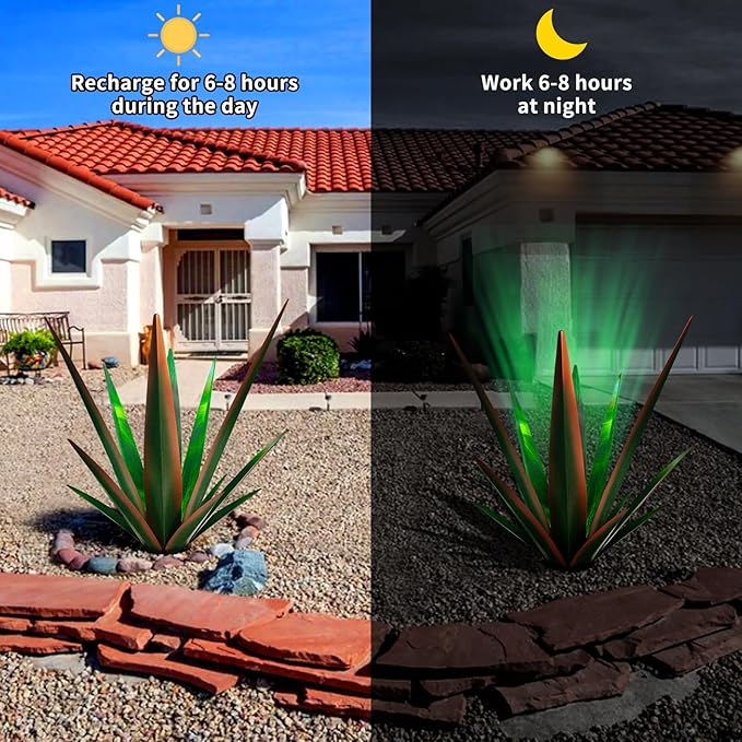 Large Tequila Rustic Sculpture, Rustic Metal Agave Plants for Outdoor Patio Yard, Home Decor Hand Painted Metal Agave Garden Yard Statue, Outdoor Lawn Ornaments (Red - L (W/Solar Light))-Ruum Studio Home