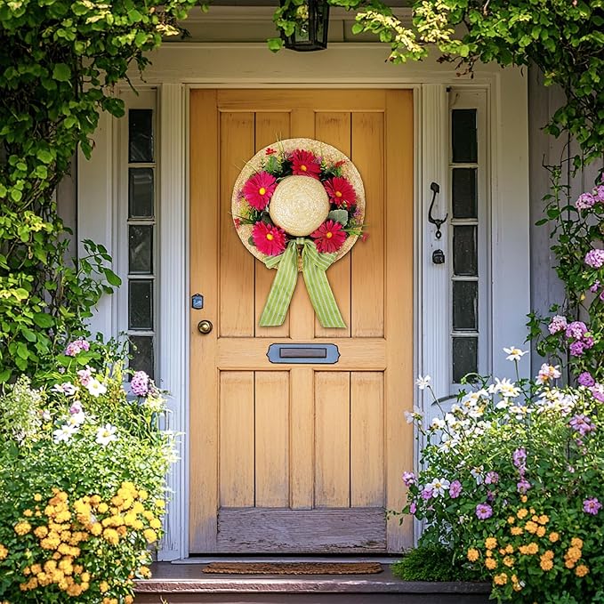 Dilicoming Spring Wreaths for Front Door - 16 Inch Spring Summer Hat Wreath with Artificial Flower, Gift for Women, Indoor Outdoor Wreaths for Wall, Window, Farmhouse, Party, Holiday Home Décor-Ruum Studio Home