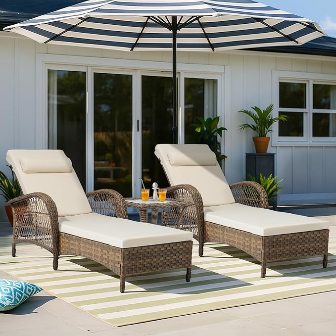 VIVIJASON 3 Pieces Outdoor Wicker Chaise Lounge Chair Set, All-Weather PE Rattan Cushioned Patio Lounger Set of 2 with Side Table, Adjustable Pool Sunbathing Recliner with Armrest & Pillow, Beige-Ruum Studio Home