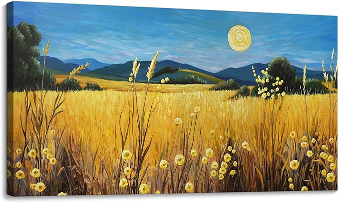 AJAZIKO Landscape Wall Art Moon Framed Canvas Wall Art Large Yellow Living Room Wall Decor Fall Paintings for Bedroom Nature Office Artwork 24×48IN-Ruum Studio Home