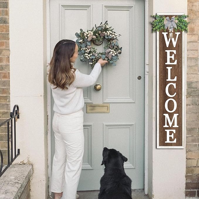 Surfapans Welcome Sign for Front porch Standing 45"X9"Large Wood Frame Outdoor Tall Welcome Signs Vertical Decor for Farmhouse Rustic Home Modern Outside Front Door Wall Decorations (White Wood)-Ruum Studio Home