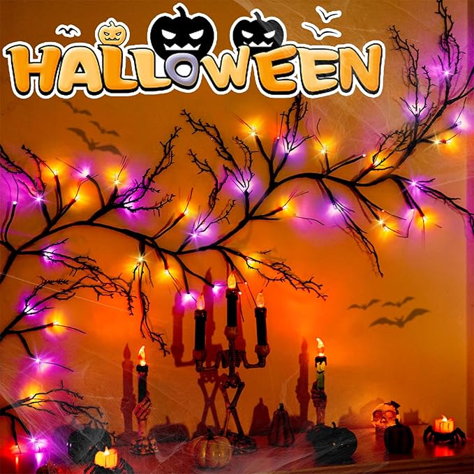 [8 Modes & Timer] Halloween Decorations Willow Vine Twig Garland, 6 FT 54LED Willow Vine Twig Lights Orange Purple LED Lights for Indoor Wall Fireplace Halloween Decorations-Ruum Studio Home