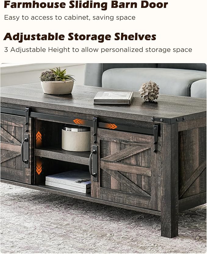 OKD 48" Farmhouse Lift Top Coffee Table with Sliding Barn Door,Rustic Center Table with Hidden Storage Compartment,Lifting Tabletop and Adjustable Shelf for Living Room,Office,Dark Rustic Oak-Ruum Studio Home