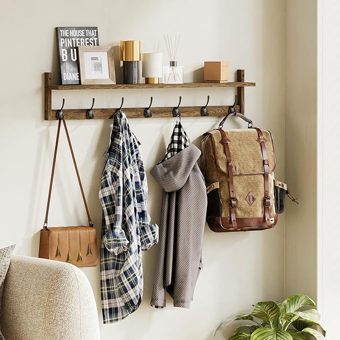 BAMEOS Coat Rack Wall Mount, Large Wooden Coat Hooks with Shelf, 35" L, 7 Dual Metal Hooks for Entryway, Bathroom, Kitchen, Living Room, Bedroom-Ruum Studio Home