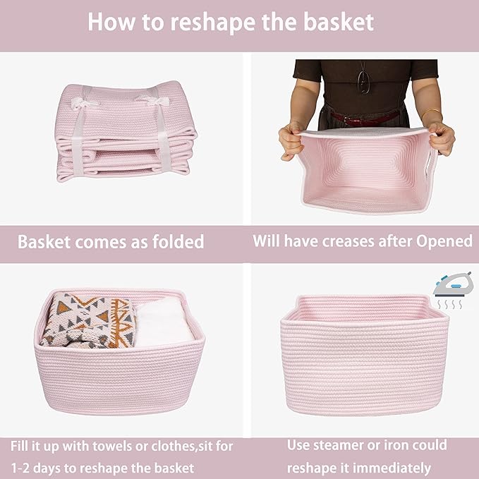 Cotton Rope storage Basket Bins Woven Basket for Organizing Shelves Rectangle Decorative Baskets For storage Clothes Toys Books Towels Square Wicker Nursery basket organizer 3 pack light pink-Ruum Studio Home