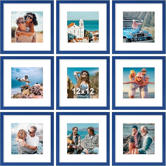 Vittanly 12x12 Picture Frame Set of 9 - Display 8x8 Photos with Mat or 12x12 Without Mat, Wall Mount Frames for Home Decor, Horizontal or Vertical (Blue)-Ruum Studio Home