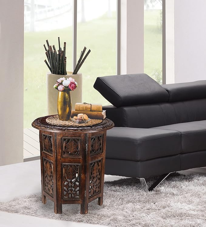 Lightnpro Handcrafted Wooden Round Accent Table - Vintage Farmhouse Octagonal Side End Table with Intricate Carvings for Living Room, Bedroom, Entryway - 18x18 Inch - Burnt-Ruum Studio Home
