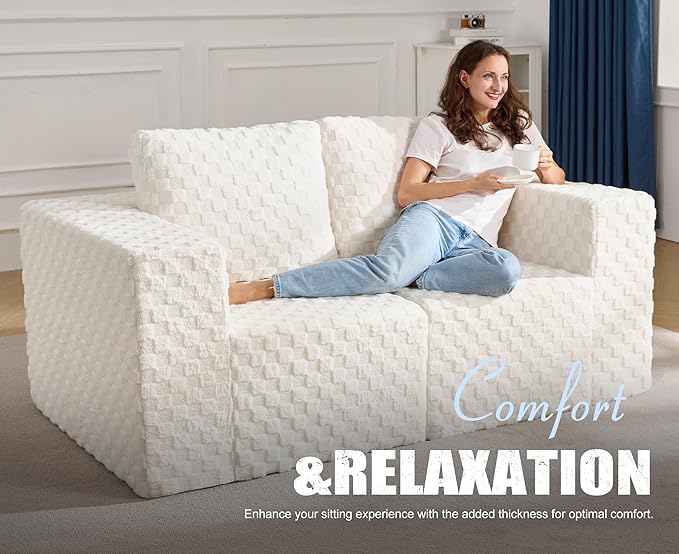 Modular Sectional Sofa 2 Seater Loveseat Modular Couch with Deep Seat Memory Foam Cloud Chair with Pillows Oversized Sectional Sofa for Living Room Bedroom (Plush White, Loveseat)-Ruum Studio Home