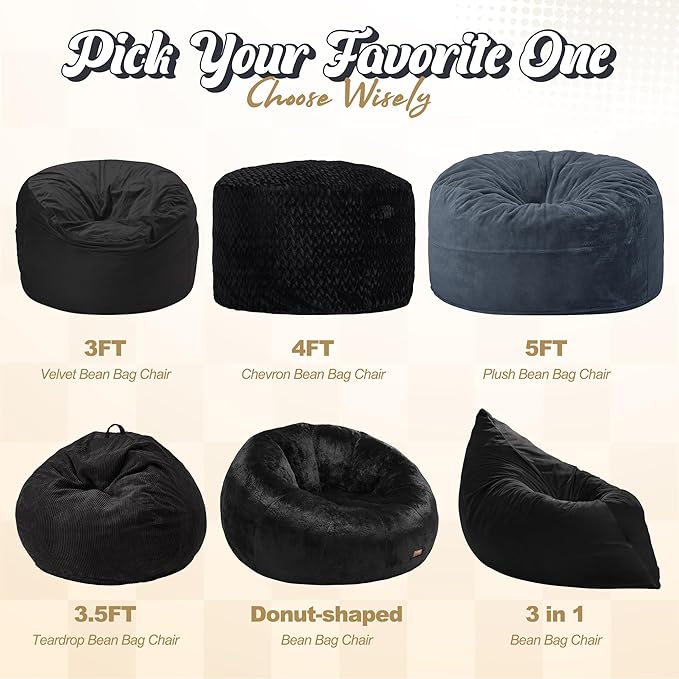 Hobestluk 3 in 1 Bean Bag Chair Giant Bean Bag Chairs for Adults with Velvet Cover Convertible Bean Bag Floor Cushion with Machine Washable Cover for Living Room (Velvet Black)-Ruum Studio Home