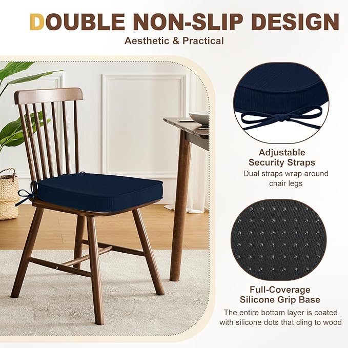 downluxe Chair Cushions for Dining Chairs, Waterproof Kitchen Chair Pads, Non-Slip Dining Seat Cushion with Ties, 17" x 16" x 2.5", Navy, 6 Pack-Ruum Studio Home