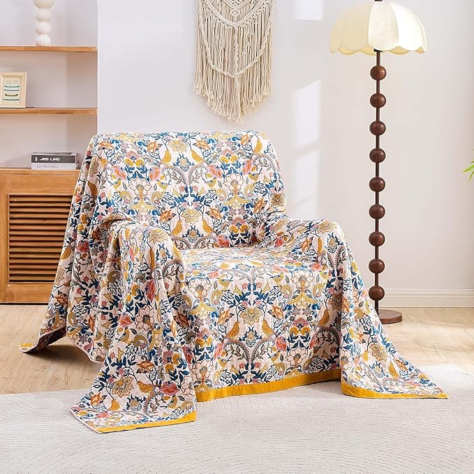 Boho Blanket Throw Quilt, 100% Cotton Soft Light Weight Throw Blankets for Summer, 80"x90" Farmhouse Flower Decorative Blankets, All Season Rustic Reversible Bohemian Throw Quilt-Ruum Studio Home