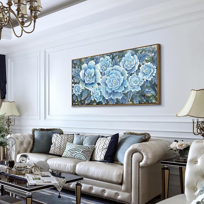 Large Blue Wall Art Decor Modern Framed Wall Picture for Living Room Bedroom Office Decor Floral Canvas Art Prints Botanical Wall Picture Abstract Peony Flower Horizontal Artwork Ready to Hang 48x24-Ruum Studio Home