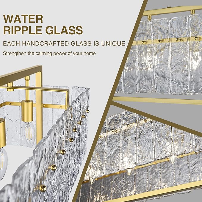 IKK Modern Rectangle Gold Crystal Chandeliers for Dining Room, 42" Large Rectangular Water Ripple Glass Island Light Fixture, Elegant Linear Lighting for Kitchen Island, Living Room, L42 x W11 x H12-Ruum Studio Home