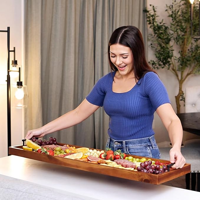 Acacia 36 Inch Extra Large Charcuterie Board with Cheese Knife Set of 4 - Acacia Wood Serving Tray with Handles, Long Charcuterie Board, Large Charcuterie Boards for Party, Wooden Cheese Board-Ruum Studio Home