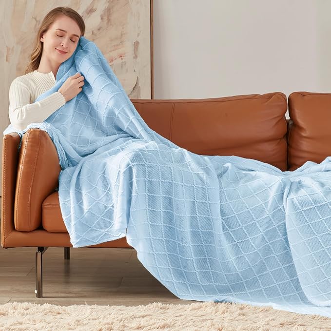 inhand Knitted Throw Blanket for Couch and Bed, Soft Living Room Home Decor Knitted Blanket with Tassel, Outdoor Lightweight Breathable Summer Blanket, Farmhouse Warm Woven Decorative, 50"x60"-Ruum Studio Home