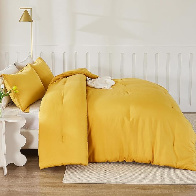 Litanika Mustard Yellow Comforter Set Queen Size, 3 Pieces Lightweight Solid Bedding Comforter Set, All Season Fluffy Bed Set (90x90In Comforter & 2 Pillowcases)-Ruum Studio Home