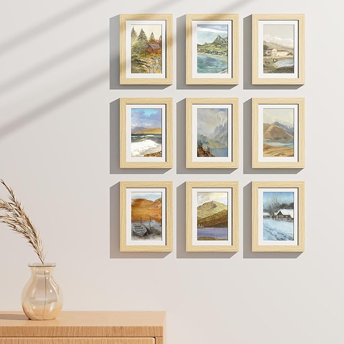Vittanly 5x7 Picture Frames Set of 9, Shatter Resistant Plexiglass, Display 4x6 Pictures with Mat or 5x7 without Mat, Photo Frames for Wall or Tabletop, Engineered Wood, OAK-Ruum Studio Home