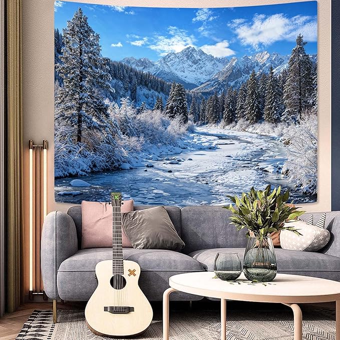AMM Winter Forest Snow Mountain Tapestry Snowy Pine Tree Woodland Tapestry for Bedroom Aesthetic White Clouds Flowing River Landscape Tapestries Wall Hanging for Living Room Dorm Office 60 x 44 Inch-Ruum Studio Home
