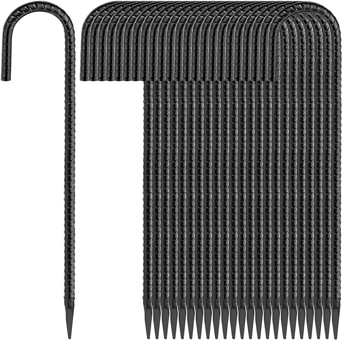 16 Inches 24-Pack J Hook Rebar Stakes Heavy Duty Tent Stakes with Chisel Point End, Steel Ground Anchors Metal Garden Stakes Chain Link Fence Stakes Black Coated-Ruum Studio Home