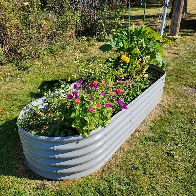 1 Pack 8x3x1.5FT Galvanized Raised Garden Bed Kit Oval Metal Ground Planter Box Outdoor Bottomless Planter Raised Beds for Vegetables Flowers Herbs Fruits, Gray-Ruum Studio Home