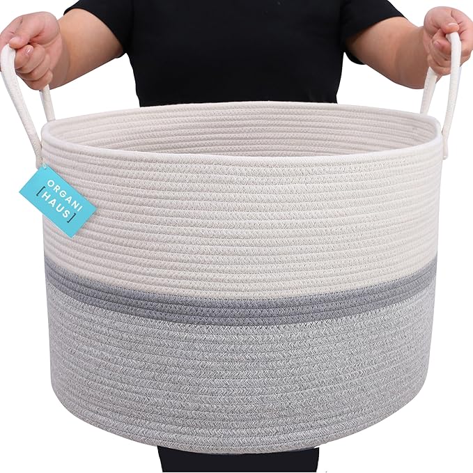 OrganiHaus Extra Large Blanket Basket for Living Room 20x13, Natural Cotton Rope Laundry Basket, Sturdy Hamper for Toy Storage, Cushions & Pillows Storage Bin, Nursery Decor Hamper - White/Gray-Ruum Studio Home