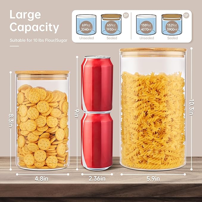 Extra Large Glass Flour and Sugar Storage Containers with Airtight Lid,132 floz x1 & 65 floz x1 [Set of 2] Big Glass Jars with Bamboo Lids, Air Tight Food Jar for Cereal, Pasta, Rice, Coffee-Ruum Studio Home