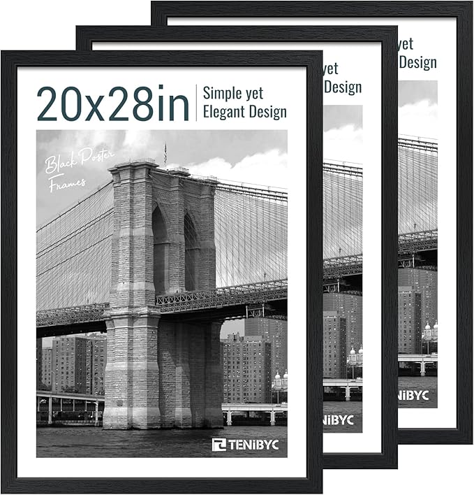 20x28 Picture Frame Set of 3 - Black Woodgrain, Solid Wood Gallery Poster Frame - Wall Hanging-Ruum Studio Home