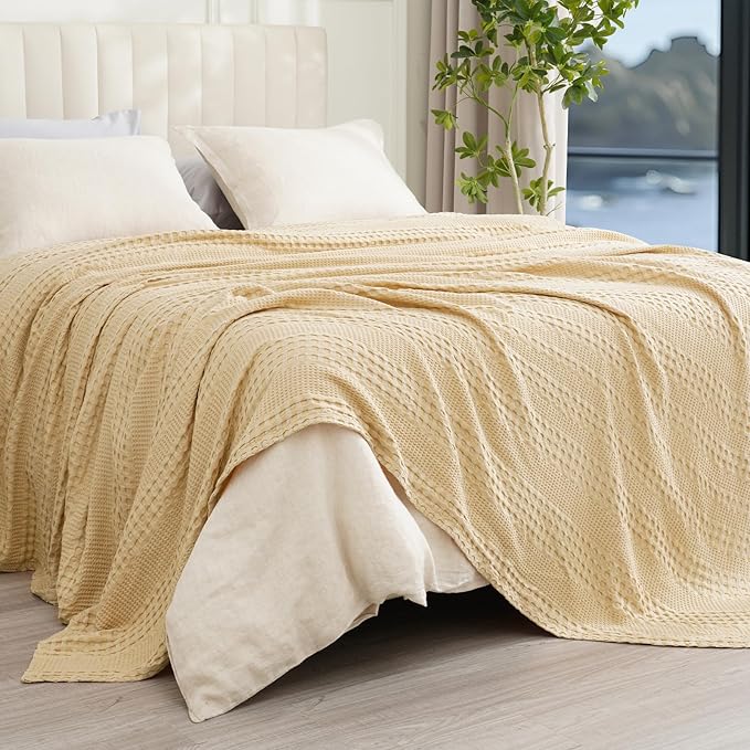 PHF Cooling Waffle Blanket King Size, Lightweight 60% Rayon Derived from Bamboo & 40% Cotton Breathable Blanket for Hot Sleepers, Soft and Luxury for Bed Couch and Sofa, 104"x90", Beige-Ruum Studio Home