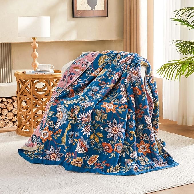 Fall Throw Blanket for Couch, Blue Boho Decorative Throw Blanket, 100% Cotton Muslin Breathable Woven Farmhouse Blankets Quilt, 80"x90" Reversible Lightweight Blankets Bohemian Throw Quilt-Ruum Studio Home