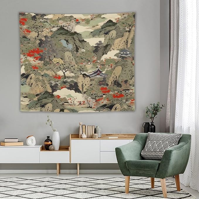Asian Tapestry,Japanese Red Landscape Asian Watercolor Abstract Art Tapestry, Asian Japanese Wall Tapestry, Nature Landscape Tapestries for Bedroom Living Room Decor 60"x50"-Ruum Studio Home